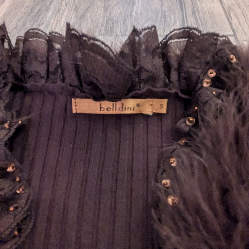 Vintage Belldini Brown Y2K 90s Lace Sequin Feather cuffs Ruffle Sweater - Picture 2 of 6